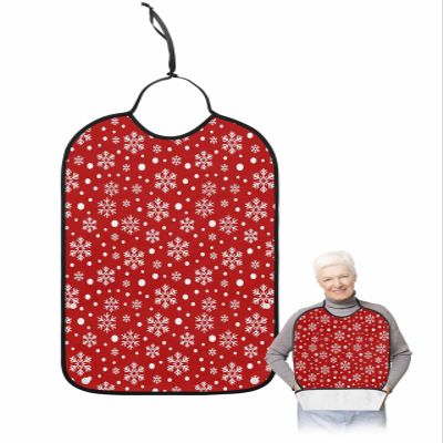 Christmas Snowflake Adult Bib for Eating with Crumb Catcher,Washable & Waterproof Terry Cloth Adjustable Elderly Women Men Adult Bibs Funny Apron Clothing Protector Red Winter White Snowy Holiday