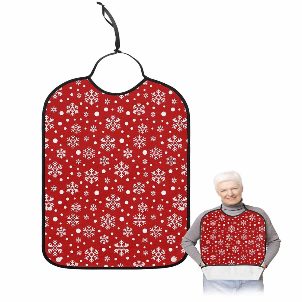 Christmas Snowflake Adult Bib for Eating with Crumb Catcher,Washable & Waterproof Terry Cloth Adjustable Elderly Women Men Adult Bibs Funny Apron Clothing Protector Red Winter White Snowy Holiday