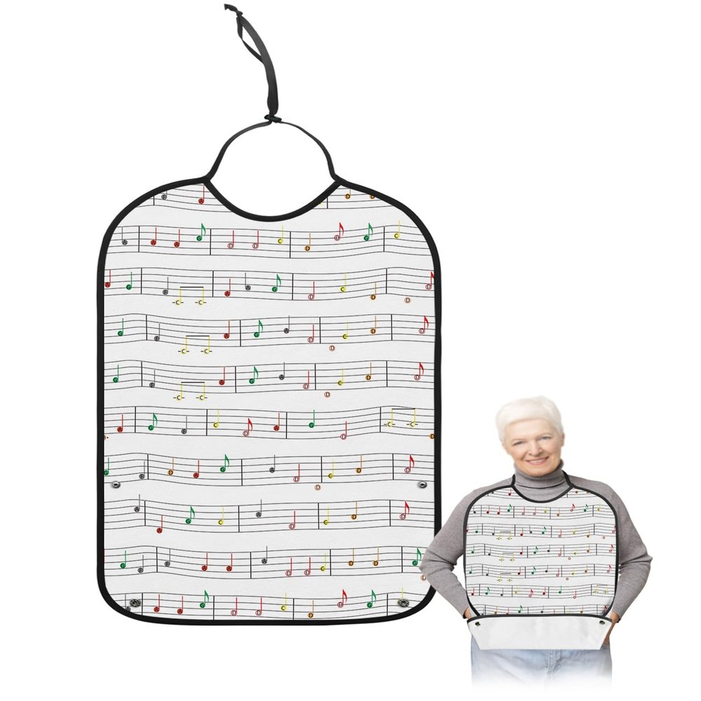Music Notes Adult Bib for Eating with Crumb Catcher,Washable & Waterproof Terry Cloth Adjustable Elderly Women Men Adult Bibs Funny Clothing Protector Modern Abstract Minimalistic Geometric Stripes