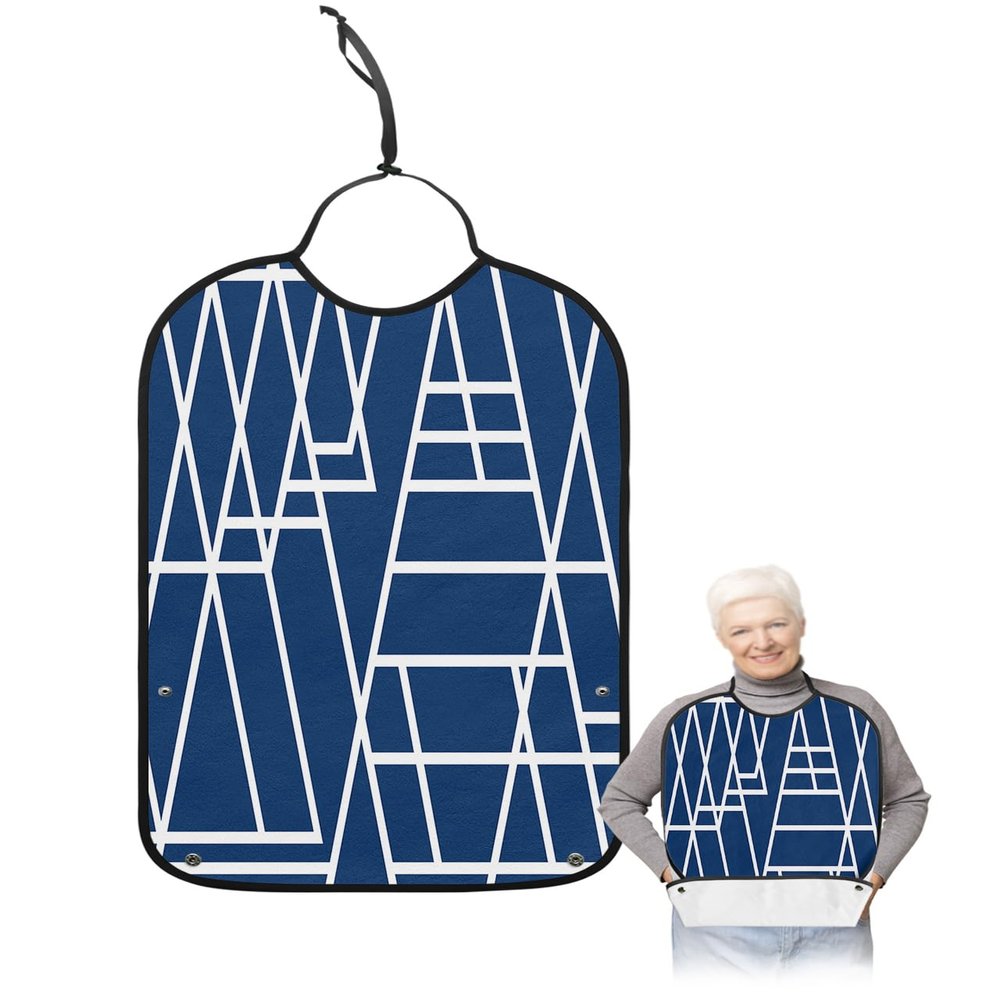 Geometric Blue Adult Bib for Eating with Crumb Catcher,Washable & Waterproof Terry Cloth Adjustable Elderly Women Men Adult Bibs Funny Apron Clothing Protector Abstract Minimalist Stripes Modern Decor