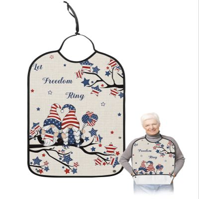 Patriotic Memorial Gnomes Adult Bib for Eating with Crumb Catcher,Washable & Waterproof Terry Cloth Adjustable Elderly Women Men Adult Bibs Funny Clothing Protector Freedom Stripes Stars American Flag