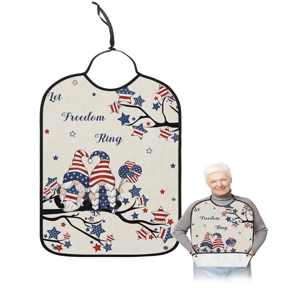 Patriotic Memorial Gnomes Adult Bib for Eating with Crumb Catcher,Washable & Waterproof Terry Cloth Adjustable Elderly Women Men Adult Bibs Funny Clothing Protector Freedom Stripes Stars American Flag