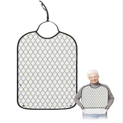 Geometric Adult Bib for Eating with Crumb Catcher,Washable & Waterproof Terry Cloth Adjustable Elderly Women Men Bibs Funny Clothing Protector Blue Yellow Abstract Minimalistic Water Ripples Stripes