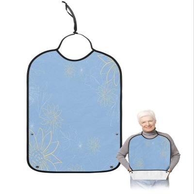Blue Flowers Adult Bib for Eating with Crumb Catcher,Washable & Waterproof Terry Cloth Adjustable Elderly Women Men Bibs Funny Clothing Protector Modern Abstract Minimalistic Geometric Stripes Lines