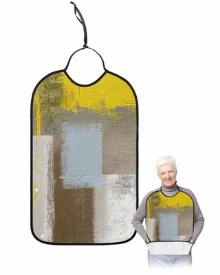 Modern Yellow Adult Bib for Eating with Crumb Catcher,Washable & Waterproof Terry Cloth Adjustable Elderly Women Men Adult Bibs Funny Apron Clothing Protector Abstract Brown Beige Minimalist Art Decor