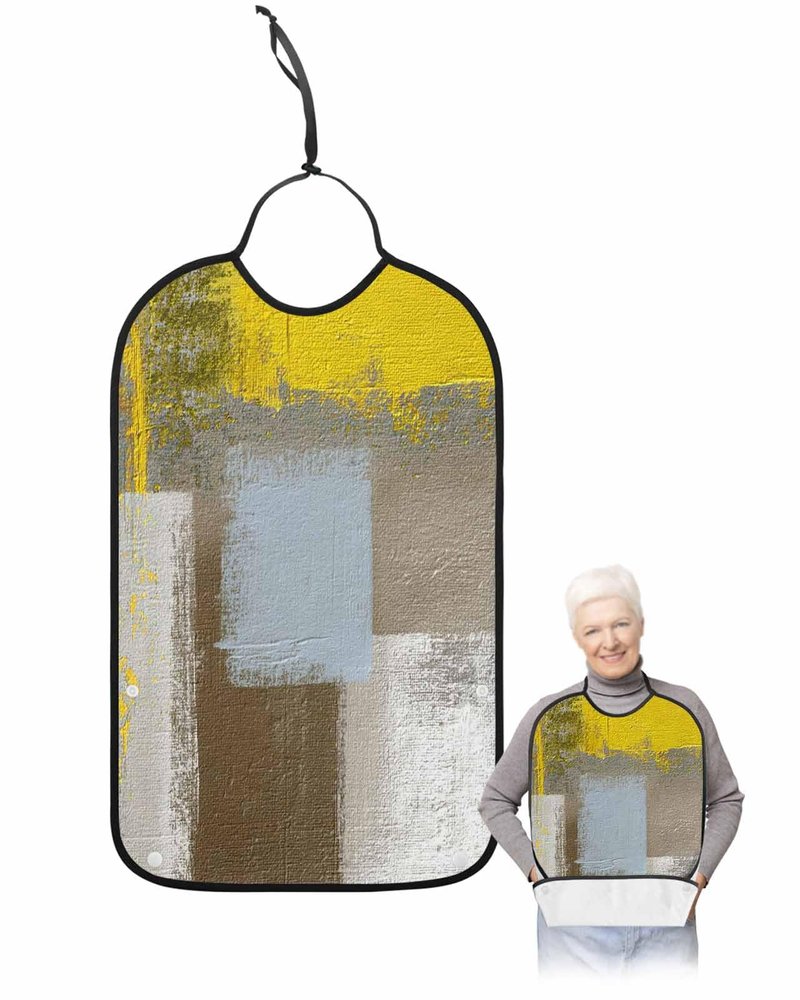 Modern Yellow Adult Bib for Eating with Crumb Catcher,Washable & Waterproof Terry Cloth Adjustable Elderly Women Men Adult Bibs Funny Apron Clothing Protector Abstract Brown Beige Minimalist Art Decor