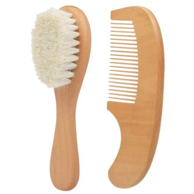 Baby Hair Brush and Comb Set for Newborns & Toddlers, Hairbrush and Comb Set Wooden with Natural Goat Bristles, for Cradle Cap and Massage, Teething Ring, Baby Registry or Baby Shower