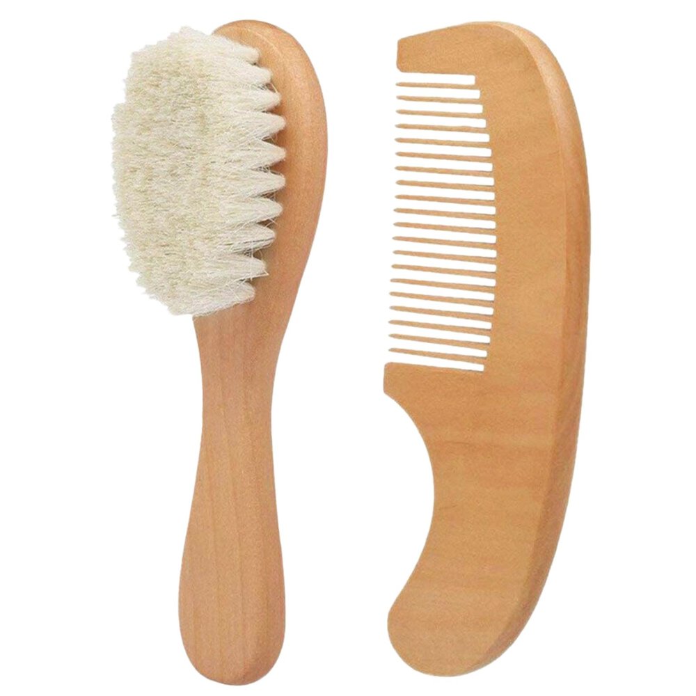 Baby Hair Brush and Comb Set for Newborns & Toddlers, Hairbrush and Comb Set Wooden with Natural Goat Bristles, for Cradle Cap and Massage, Teething Ring, Baby Registry or Baby Shower