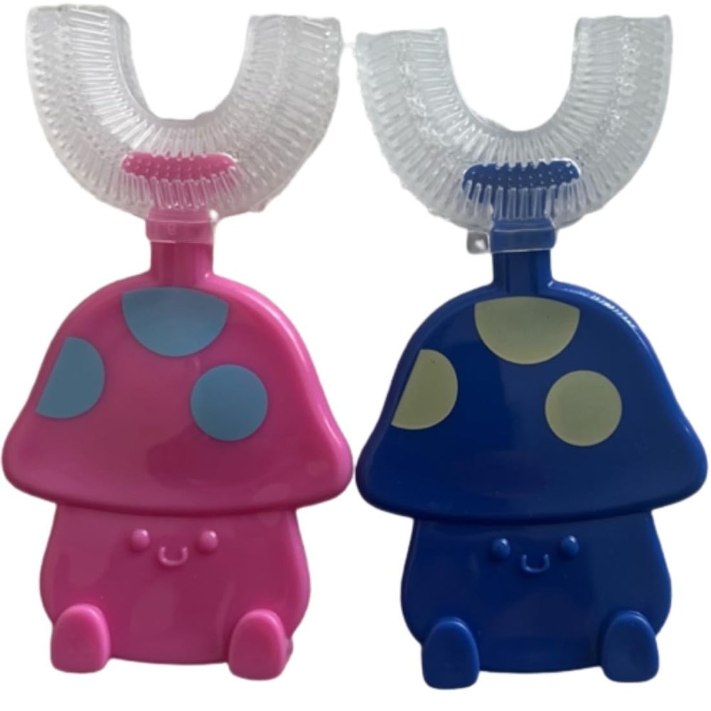 All in One U-Shapped 360 Toothbrush, Toddler with Food Grade Soft Silicone Brush Head (Blue & Pink)