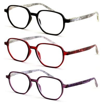 V.W.E. 3 Pairs Women Lightweight Hexagon Shape Wide Oversized Reading Glasses - Clear Lens Reader Marble Temple Spring Hinge 7021 (Black Red Purple, 1.25)