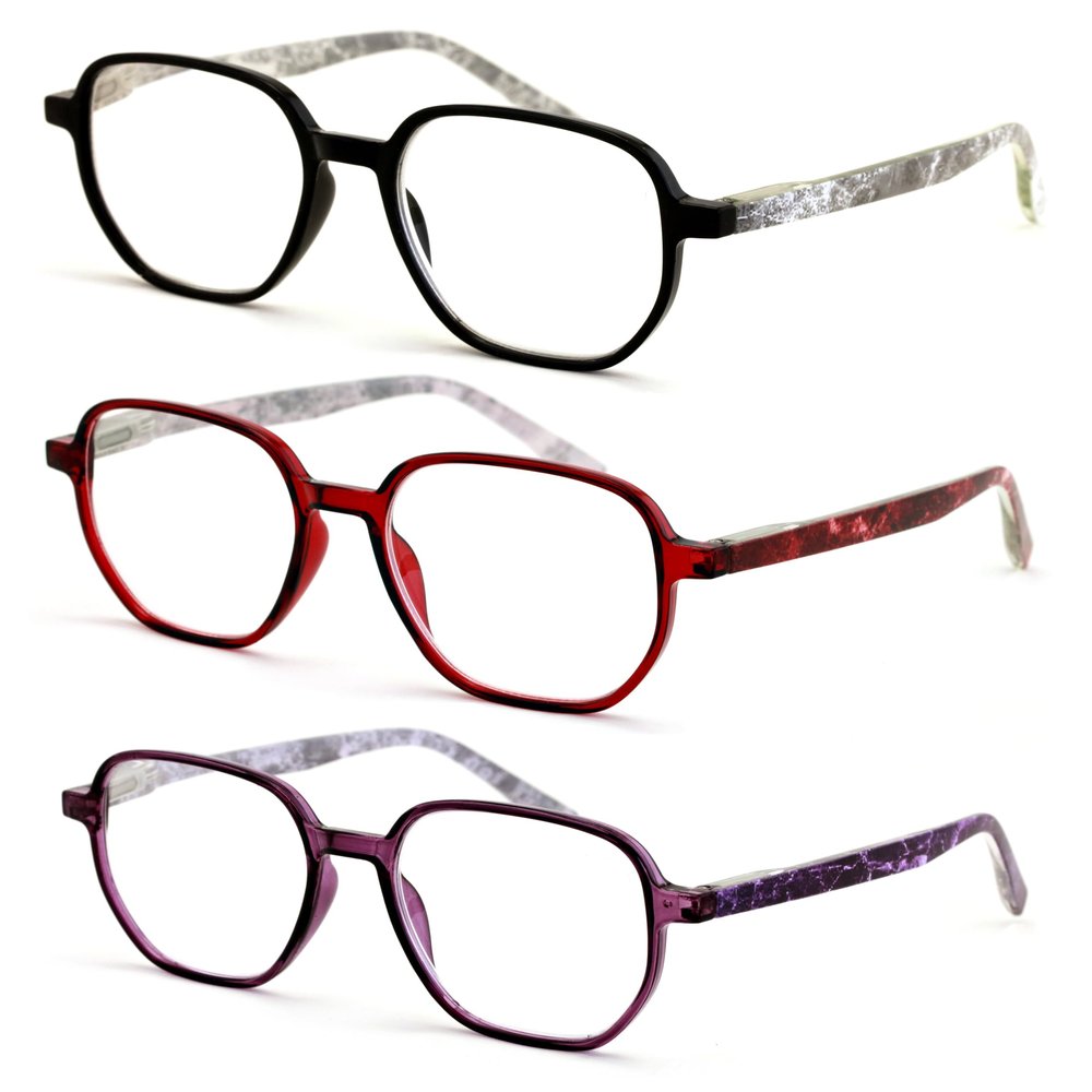 V.W.E. 3 Pairs Women Lightweight Hexagon Shape Wide Oversized Reading Glasses - Clear Lens Reader Marble Temple Spring Hinge 7021 (Black Red Purple, 1.25)