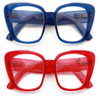 V.W.E. 2 Pairs Women Oversize Transparent Reading Glasses - Spring Hinge Reader 7024 (1 Blue 1 Red, 1.75)