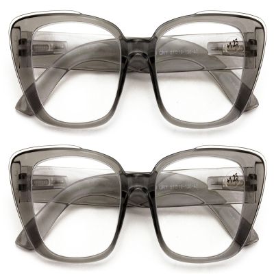 V.W.E. 2 Pairs Women Oversize Transparent Reading Glasses - Spring Hinge Reader 7024 (2 Grey, 2.00)