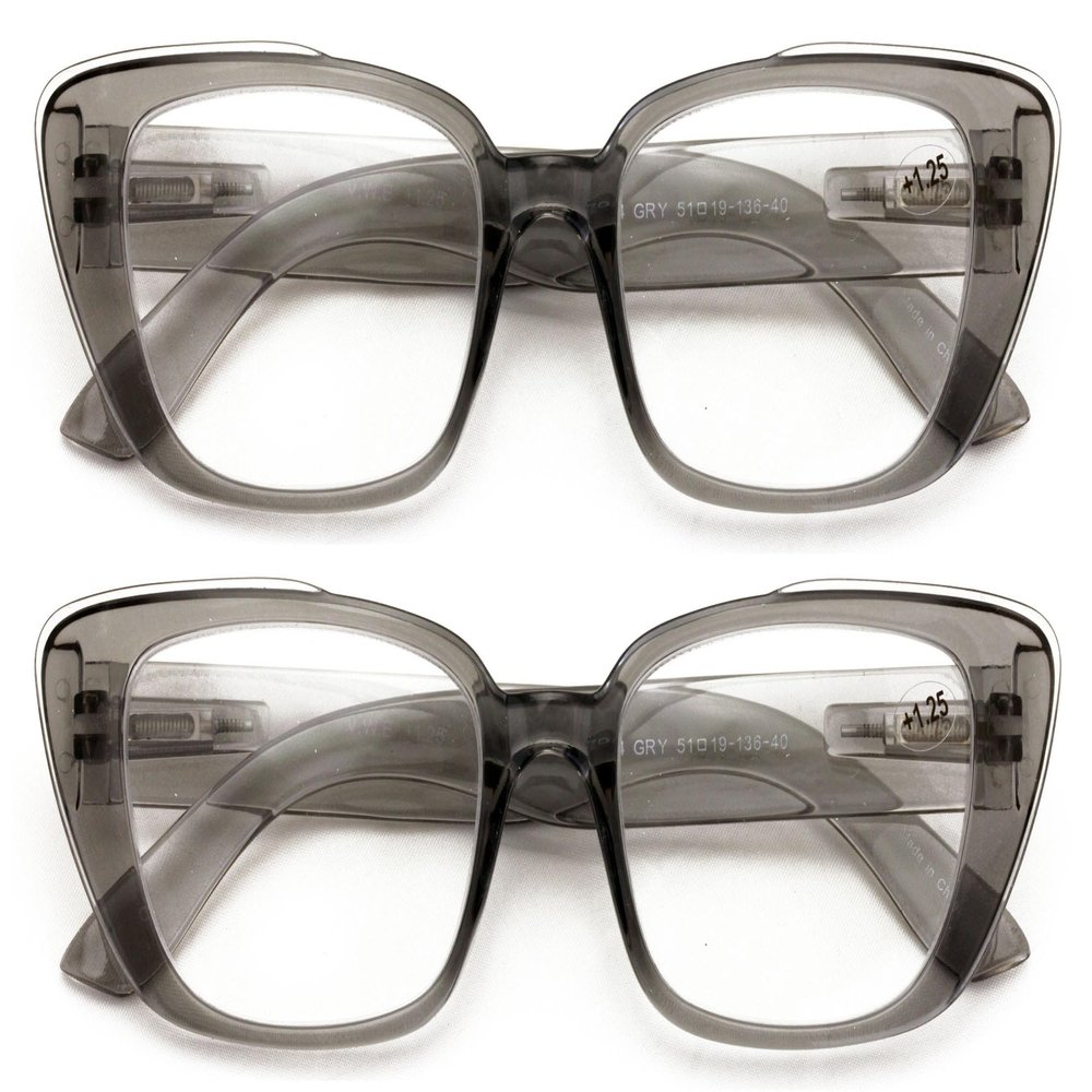 V.W.E. 2 Pairs Women Oversize Transparent Reading Glasses - Spring Hinge Reader 7024 (2 Grey, 2.00)