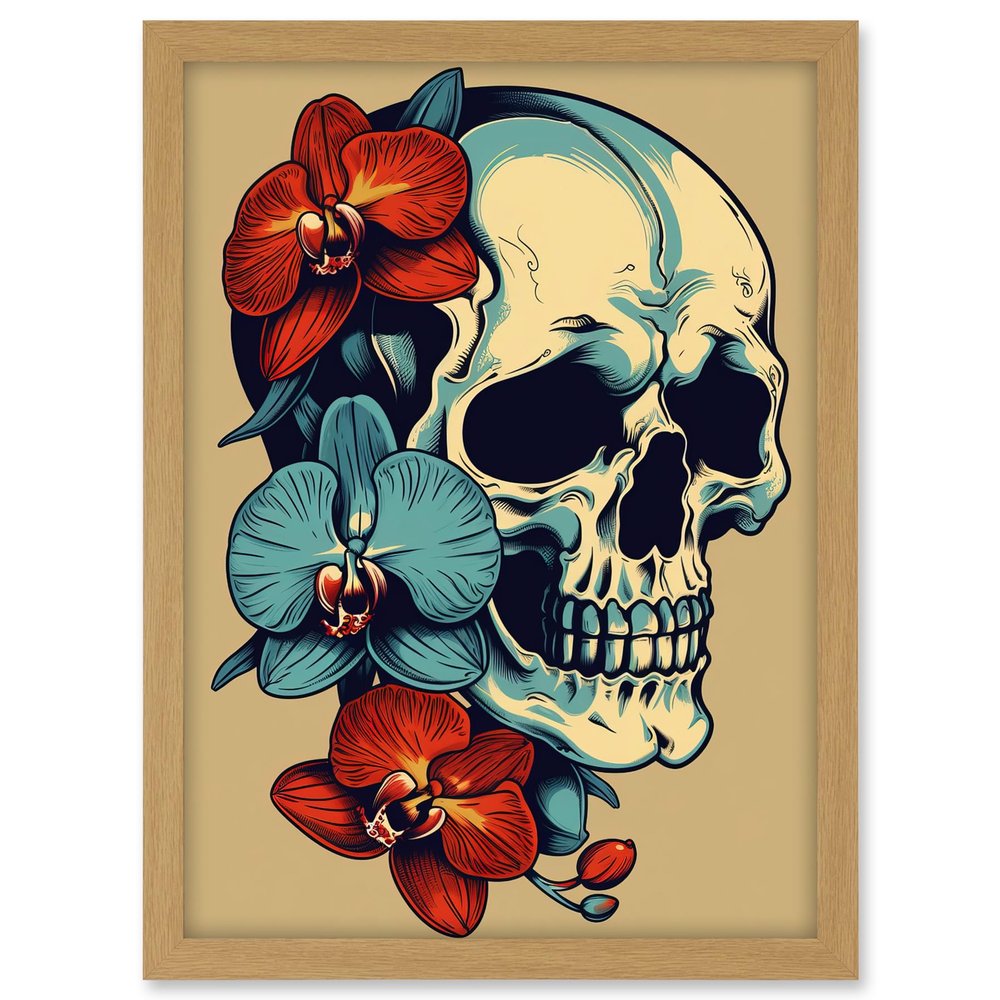 Artery8 Skull Orchid Flower Blooms Tattoo Ink Body Art Rockabilly Americana 50s Artwork Framed A3 Wall Art Print