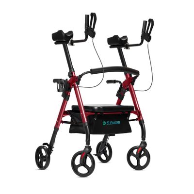 ELENKER Heavy Duty Upright Rollator Walker with Extra Wide Padded Seat and Backrest, Bariatric Stand Up Rolling Walker, Fully Adjustment Frame for Seniors, Red