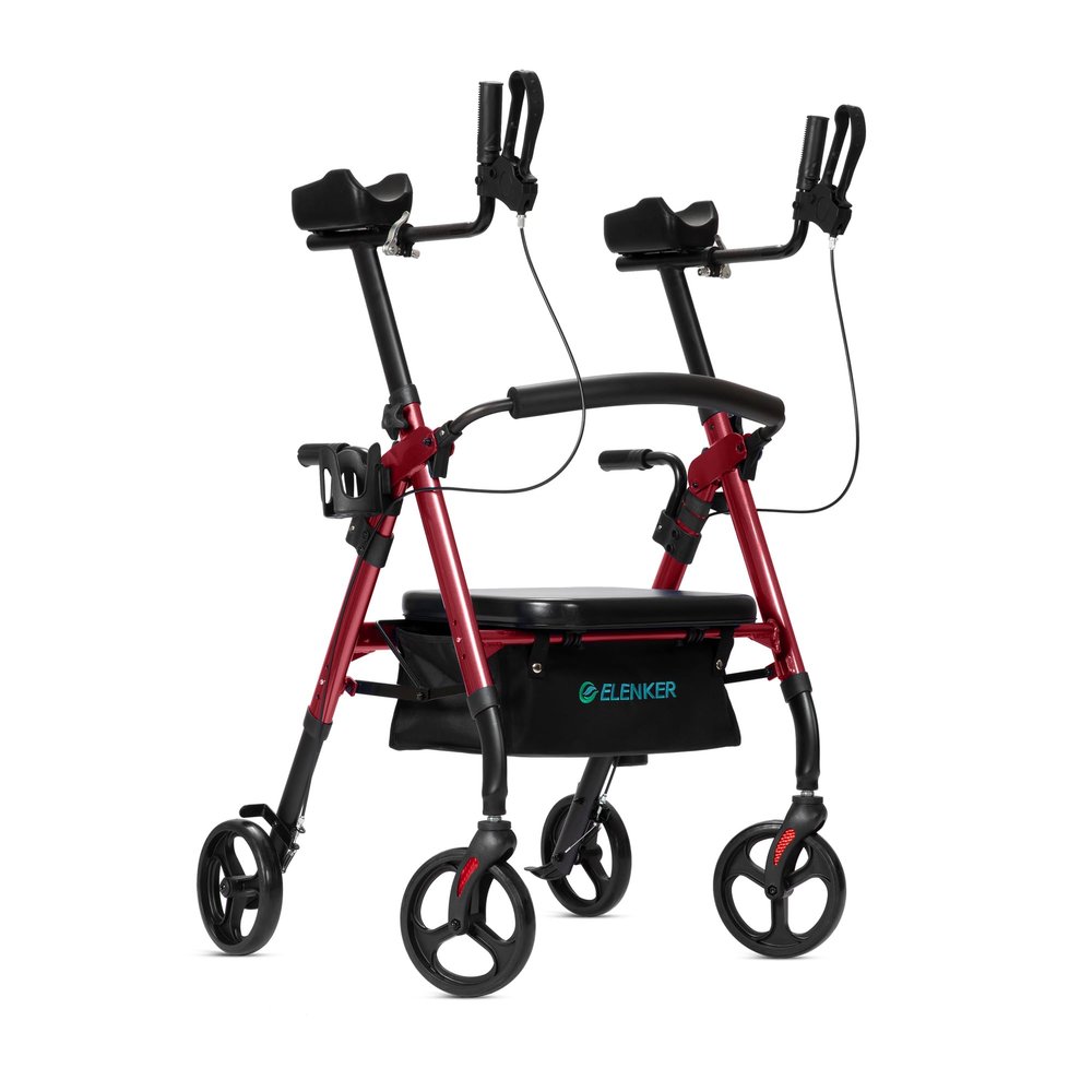 ELENKER Heavy Duty Upright Rollator Walker with Extra Wide Padded Seat and Backrest, Bariatric Stand Up Rolling Walker, Fully Adjustment Frame for Seniors, Red