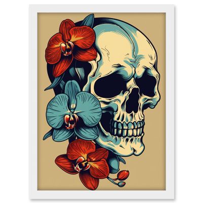 Artery8 Skull Orchid Flower Blooms Tattoo Ink Body Art Rockabilly Americana 50s Artwork Framed A3 Wall Art Print