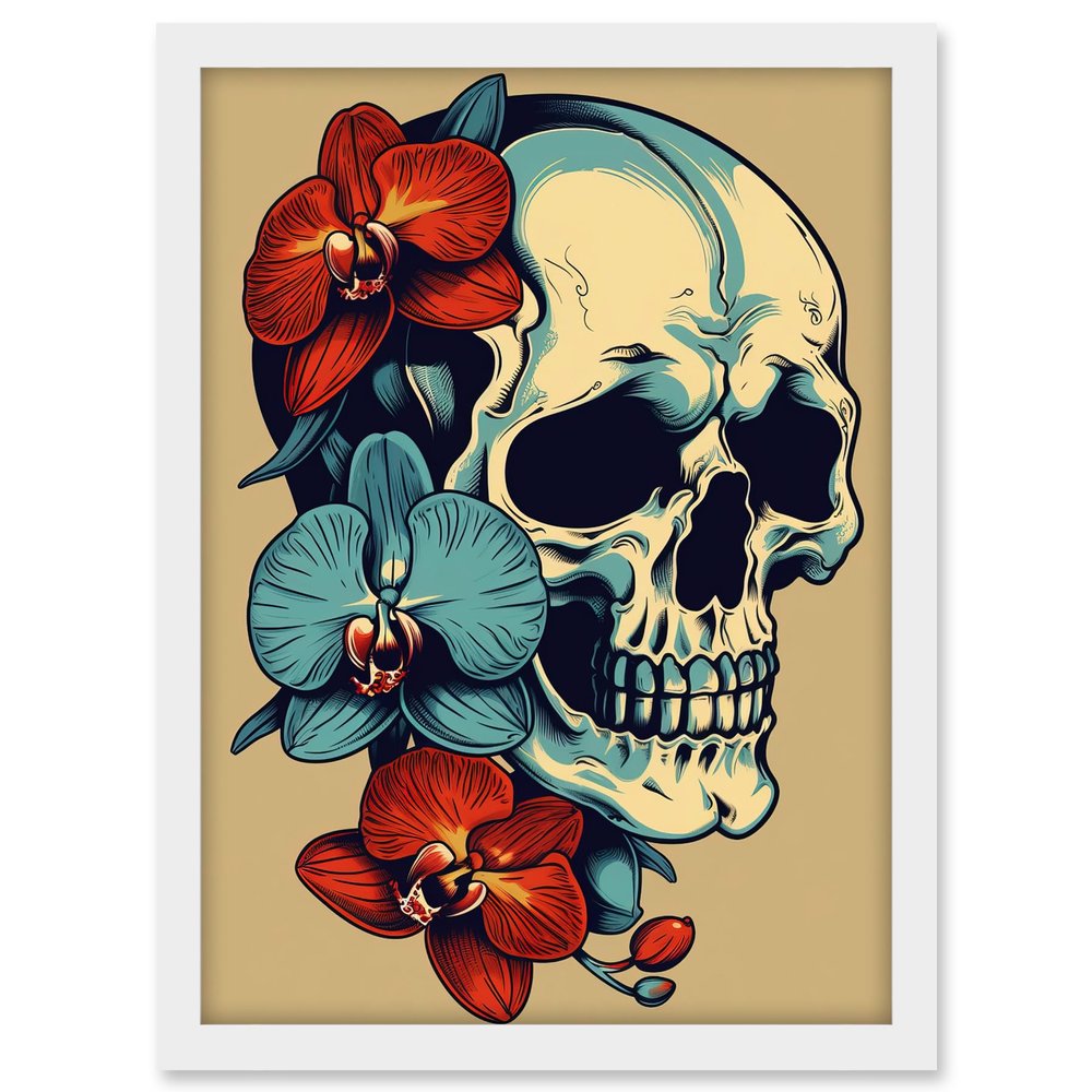Artery8 Skull Orchid Flower Blooms Tattoo Ink Body Art Rockabilly Americana 50s Artwork Framed A3 Wall Art Print