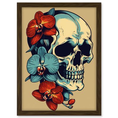 Artery8 Skull Orchid Flower Blooms Tattoo Ink Body Art Rockabilly Americana 50s Artwork Framed A3 Wall Art Print