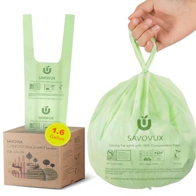 1.6 Gallon Compost Bags with Handles, Small Kitchen Food Scrap trash Bags for Countertop Compost Bin, 6L, 100 Count, BPI & OK Compostable Certified