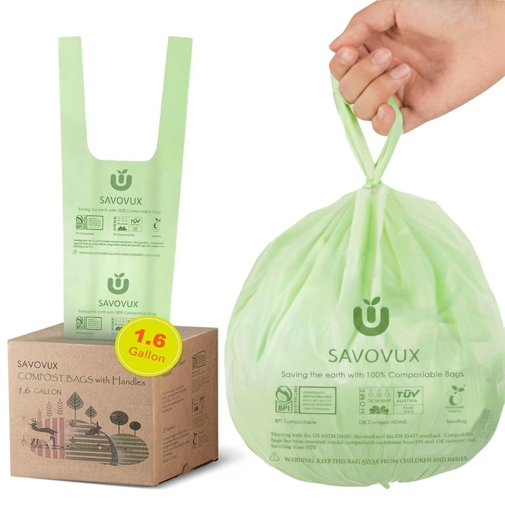 1.6 Gallon Compost Bags with Handles, Small Kitchen Food Scrap trash Bags for Countertop Compost Bin, 6L, 100 Count, BPI & OK Compostable Certified