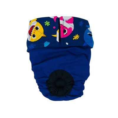 Barkertime Blue Happy Shark on Blue Cat Diaper, M, with Tail Hole - Made in USA