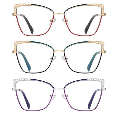 3Pack Metal Hollow Frame Cat Eye Progressive Multifocus Reading Glasses Stylish Blue Light Blocking Readers (black/green/purple, 3.0)