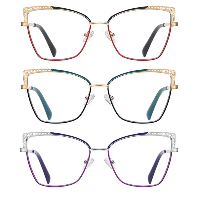 3Pack Metal Hollow Frame Cat Eye Progressive Multifocus Reading Glasses Stylish Blue Light Blocking Readers (black/green/purple, 3.0)
