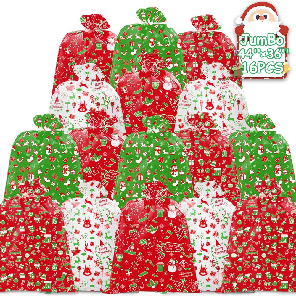 16 Pcs Extra Large Christmas Gift Bag, 44"x36" Heavy-Duty Waterproof Reusable Oversized Gift Sack with Rope & Gift Tag, Opaque Jumbo Wrapping Bag for Xmas, Birthdays, Parties, Class, Office, Home
