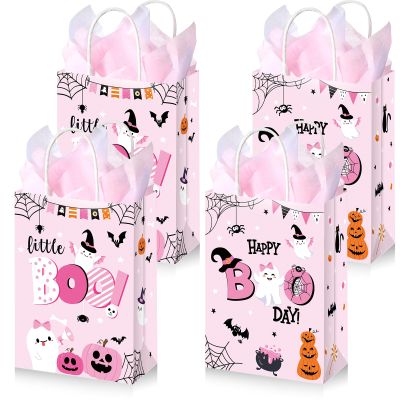 Yeaqee 30 Pack Pink Halloween Boo Bags with Tissue Paper, Little Boo Kraft Paper Goody Treat Bags for Kids Party, Baby Shower & Birthday, Tirck or Treat 8.7 x 6.3 x 3.2 Inch