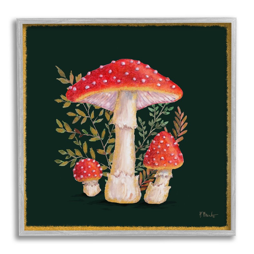 Stupell Industries Red Mushrooms & Ferns Gray Framed Giclee Art Design by Paul Brent