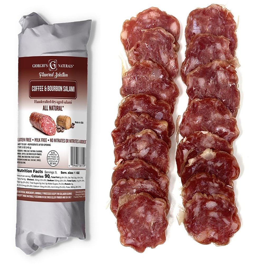 Giorgios Naturals Handcrafted Dry-Aged Salami  Coffee and Bourbon Salami 5 Ounce, Italian Salami, Cured Meats, Charcuterie Board