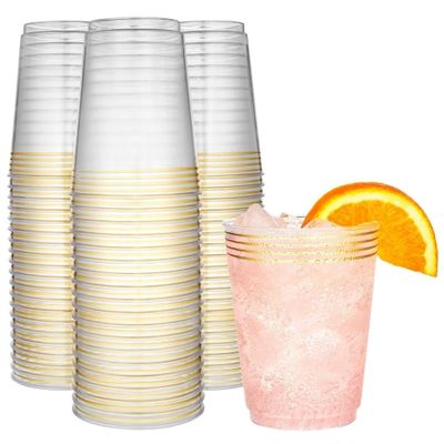 50 Pack Gold Plastic Cups For Party - 10 Oz Clear Party Cups Disposable - Hard Disposable Cups - Premium Heavy Duty Gold Cups - Disposable Cocktail Glasses - Plastic Glasses / Plastic Cocktail Glasses