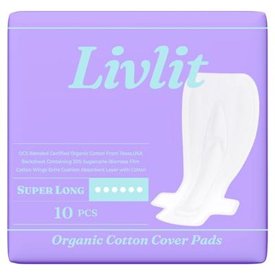 Livlit Super Long Overnight Pads - 100% Organic Cotton from Texas, Heavy Absorbency, Powerful Leak Protection, Unscented, Extra Long Length (10 Count)