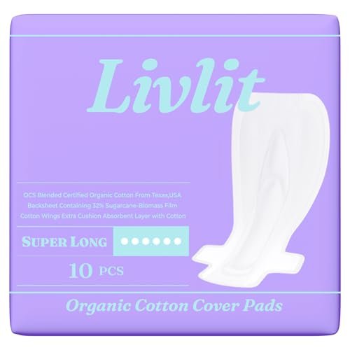 Livlit Super Long Overnight Pads - 100% Organic Cotton from Texas, Heavy Absorbency, Powerful Leak Protection, Unscented, Extra Long Length (10 Count)