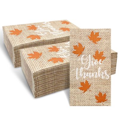 120 Pcs Burlap Printed Give Thanks Disposable Bathroom Napkins, Thanksgiving Maple Leaf Guest Towels Hand Towels Paper Guest Napkins for Bathroom Kitchen Camping Cocktail Party 4.3 x 7.8 inch