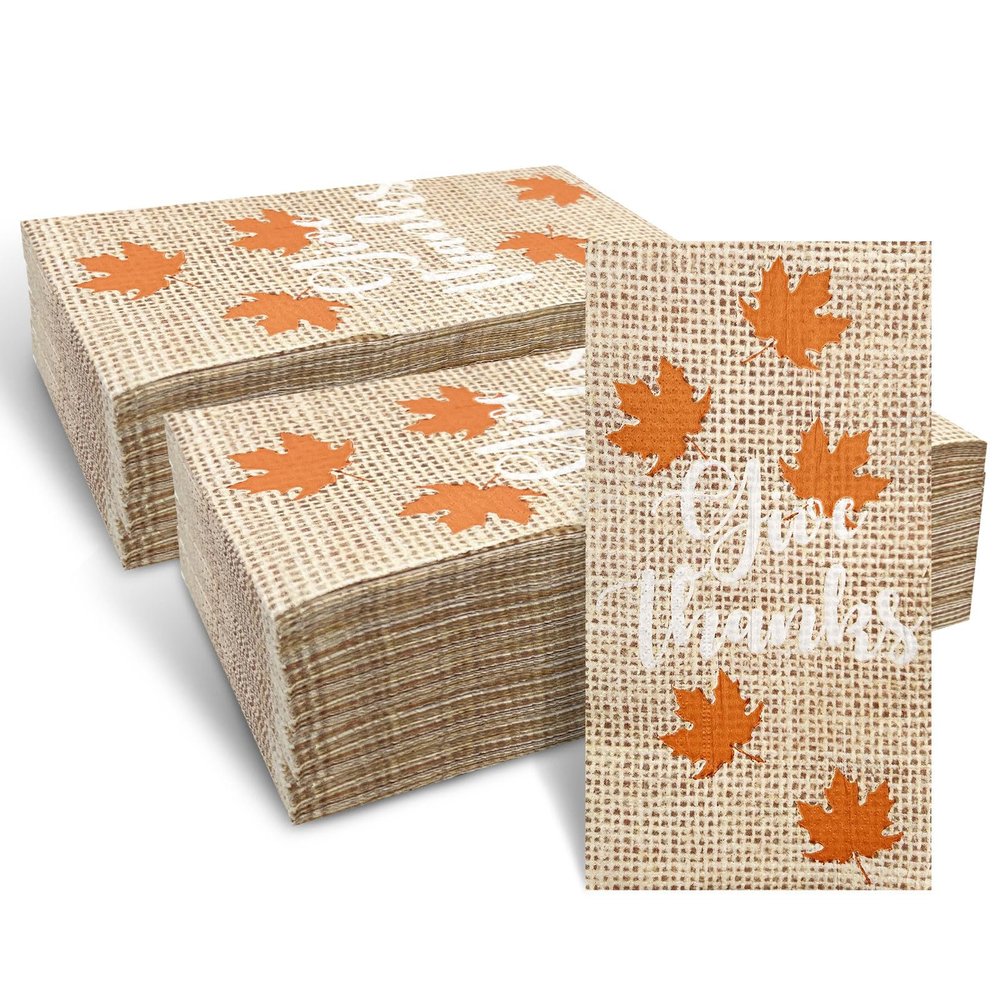 120 Pcs Burlap Printed Give Thanks Disposable Bathroom Napkins, Thanksgiving Maple Leaf Guest Towels Hand Towels Paper Guest Napkins for Bathroom Kitchen Camping Cocktail Party 4.3 x 7.8 inch