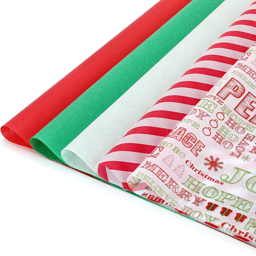 120 Shelf Christmas Tissue - Gift Bags, Wrapping Paper Bulk - Assorted Design, Red Green White (Red Green Letters)