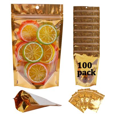 100 Pack Mylar Bags for Food Storage Resealable Aluminum Foil Stand Up Pouch with Window & Hang Hole 3.947.08 Inch Reusable Zipper Lock Food Packaging Heat Seal Bags for Small Business & Home - Gold