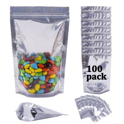 100 Pack Mylar Bags for Food Storage Resealable Aluminum Foil Clear Stand Up Pouch with Front Window 7.8711.81 Inch Reusable Zipper Lock Food Packaging Heat Seal Bags for Small Business and Home