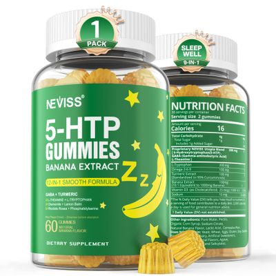 1Pack 5-HTP 400MG Gummies + GABA - Melatonin Free - Relaxation Gummies with Banana Extract, L-Theanine, Turmeric, L-Tryptophan, Vitamin D3 for Healthy Rest Cycle,Circadian Rhythm, Brain & Muscle Relax