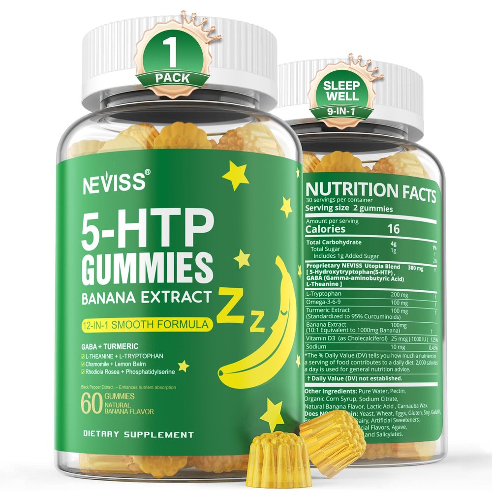 1Pack 5-HTP 400MG Gummies + GABA - Melatonin Free - Relaxation Gummies with Banana Extract, L-Theanine, Turmeric, L-Tryptophan, Vitamin D3 for Healthy Rest Cycle,Circadian Rhythm, Brain & Muscle Relax