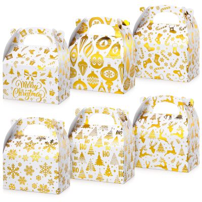Qeeenar 48 Pcs Winter Holiday Treat Boxes Party Favors Bulk for Gift Giving Cookie Candy Goodies 3D Cute Packaging Cardboard with Handles Empty Containers, 6 x 3.5 x 3.5 Inch(Bronzing Style)