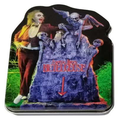 Boston America Afterlife Sours Candy Tin compatible with Beetlejuice Candy. One (1) Collectible Candy Tin Featuring Beetle juice with his Gravestone  Sour Blue Raspberry Flavor in the Shape of Spooky Skulls