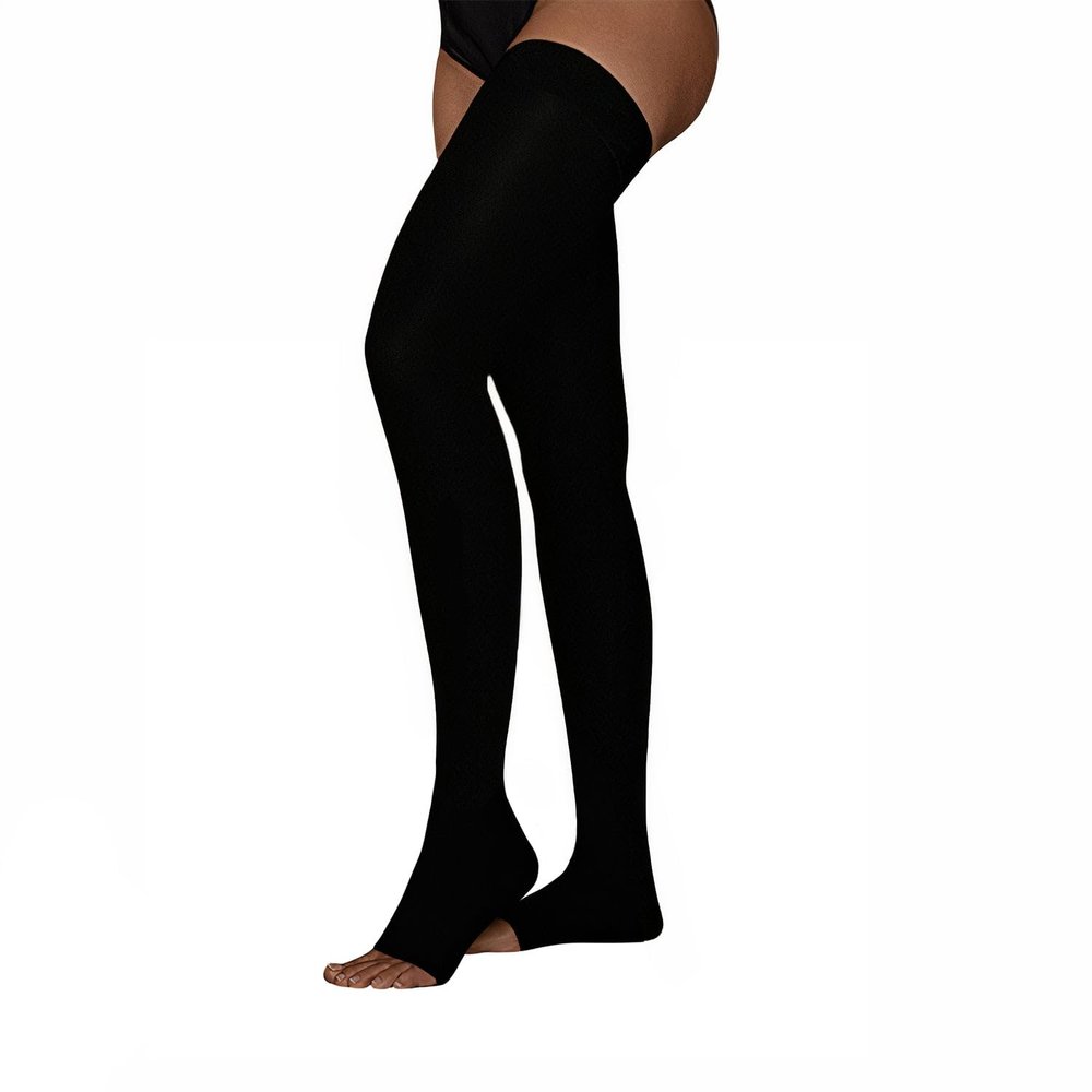Juzo Move 30-40 mmHg Compression Stockings, Thigh High, Silicone Band, Open Toe | Compression Socks for Women/ Men for Severe Varicosities & Edema, Chronic Venous Insufficiency & Post-Op Care | Black, X-Small (I)