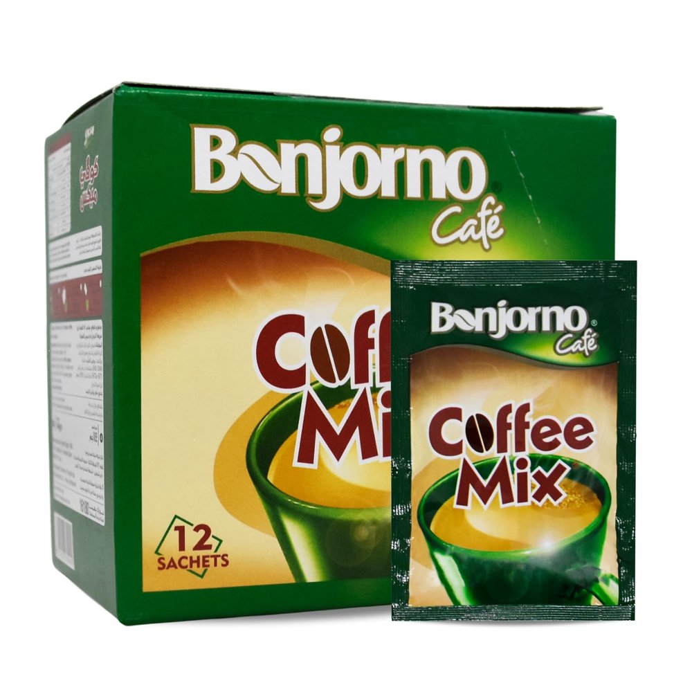 Bonjorno Cafe Coffee Mix (1 Pack = 12 Sachets x 0.42 oz / 12 gm - Total = 5.08 oz / 144 gm) 2 In 1 With Instant Coffee & Creamer Egyptian Egypt Kosher Halal  