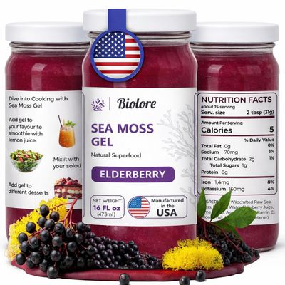 Biolore Wildcrafted Sea Moss Gel - Elderberry 16 oz - Flavored Sea Moss Gel with Essential Vitamins & Trace Minerals - Vegan Superfood - Made in USA, Gluten-Free, No Added Sugar