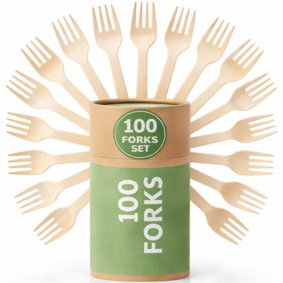 (100 Count) Disposable Wooden Forks Set - Alternative to Plastic, Eco Friendly, Biodegradable, Compostable Cutlery Set - 100 Forks Disposable Utensils Set