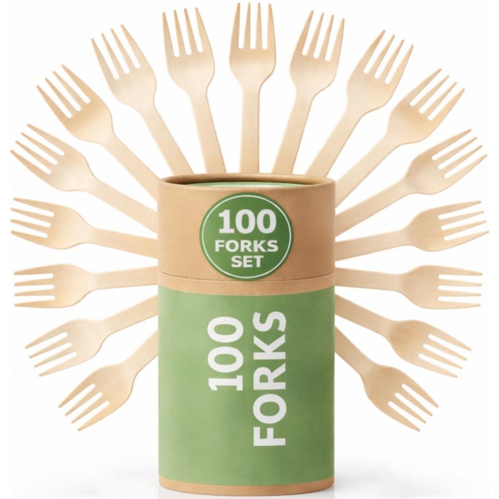 (100 Count) Disposable Wooden Forks Set - Alternative to Plastic, Eco Friendly, Biodegradable, Compostable Cutlery Set - 100 Forks Disposable Utensils Set